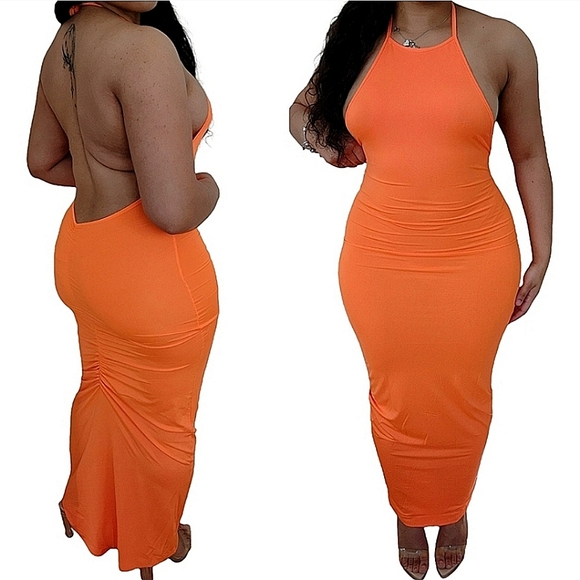 Boutique Dresses & Skirts - ❤️Sexy Orange Halter Long Draped Backless Ruched Maxi Dress💎